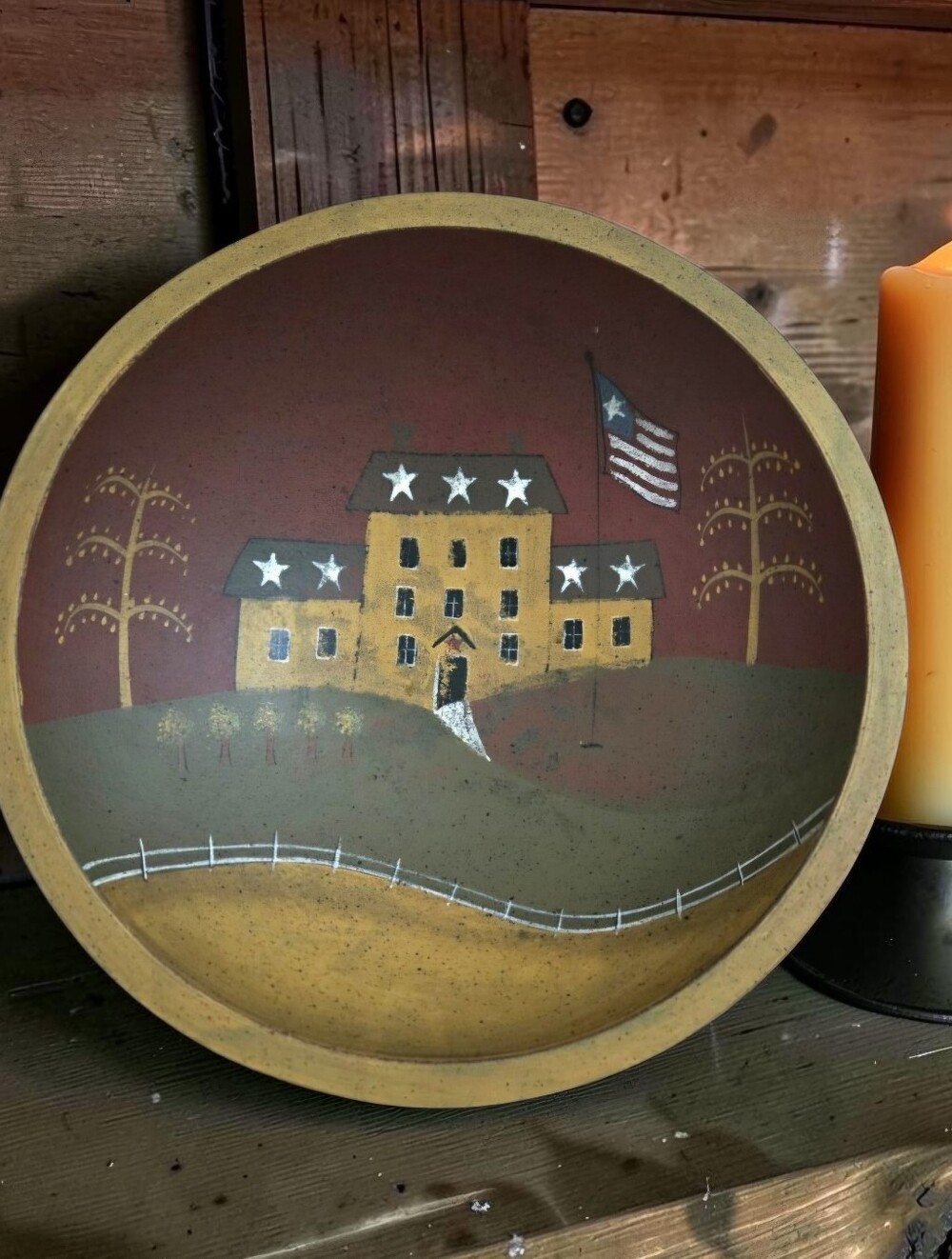 Vintage Primitive Wood Bowl Country Americana Folk Art Colonial House w Stars